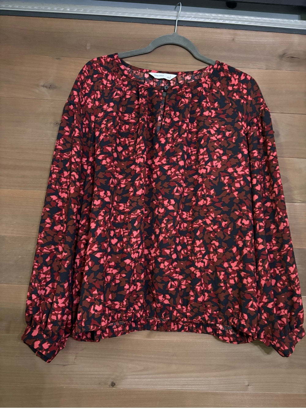 Nine West Black Blouse with Red and Pink Floral Motif